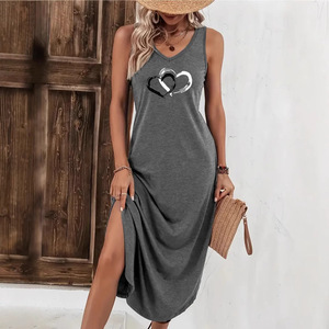 Vestido de Punto sin Mangas con Cuello en V para Mujer, de Longitud Media, con Estampado de Corazones, Cintura Alta, Tipo Falda con Parches, Tallas S, M, L, XL, XXL, Color Caqui, Gris Oscuro - Product Image 3