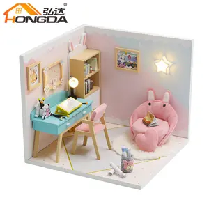 Casas de madeira fingir brinquedo sala de estudo infantil, com sofá, mesa, estante, miniatura, acessórios para casa de boneca, camping