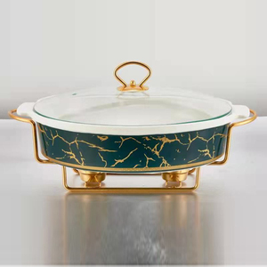 Plato Calentador Ovalado de Cerámica Chapado en Oro de 1.2L 1.8L 2.5L, Venta al por Mayor, para Uso en Restaurantes y Bufés, Equipo de Cocina de Lujo - Product Image 1