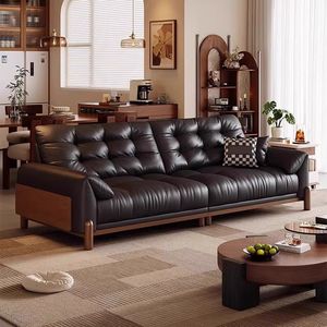 Luxury Vintage Style Leather <b>Sofa</b> Solid <b>Wood</b> <b>Frame</b> Living Room Minimalist Design High-End Combination - Product Image 1