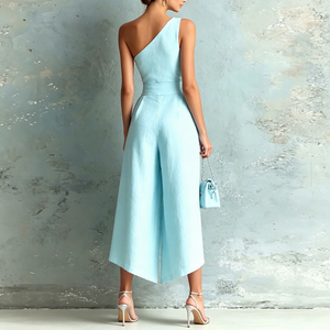 Mono casual de verano para mujer, azul claro, de un solo hombro, pierna ancha, sin mangas, cintura natural, estilo <span class=keywords><strong>culotte</strong></span> - Product Image 3