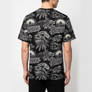 T-shirt néon géométrique à manches courtes et col rond imprimé grenouille, vagues insulaires et palmiers, style streetwear - Product Image 5