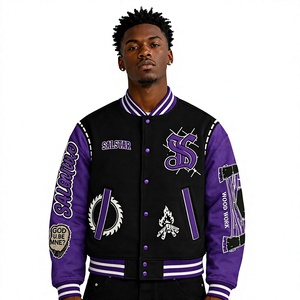 Veste bomber varsity noire en laine pour homme, manches en cuir violet, broderies, patchs, streetwear, veste de baseball - Product Image 1