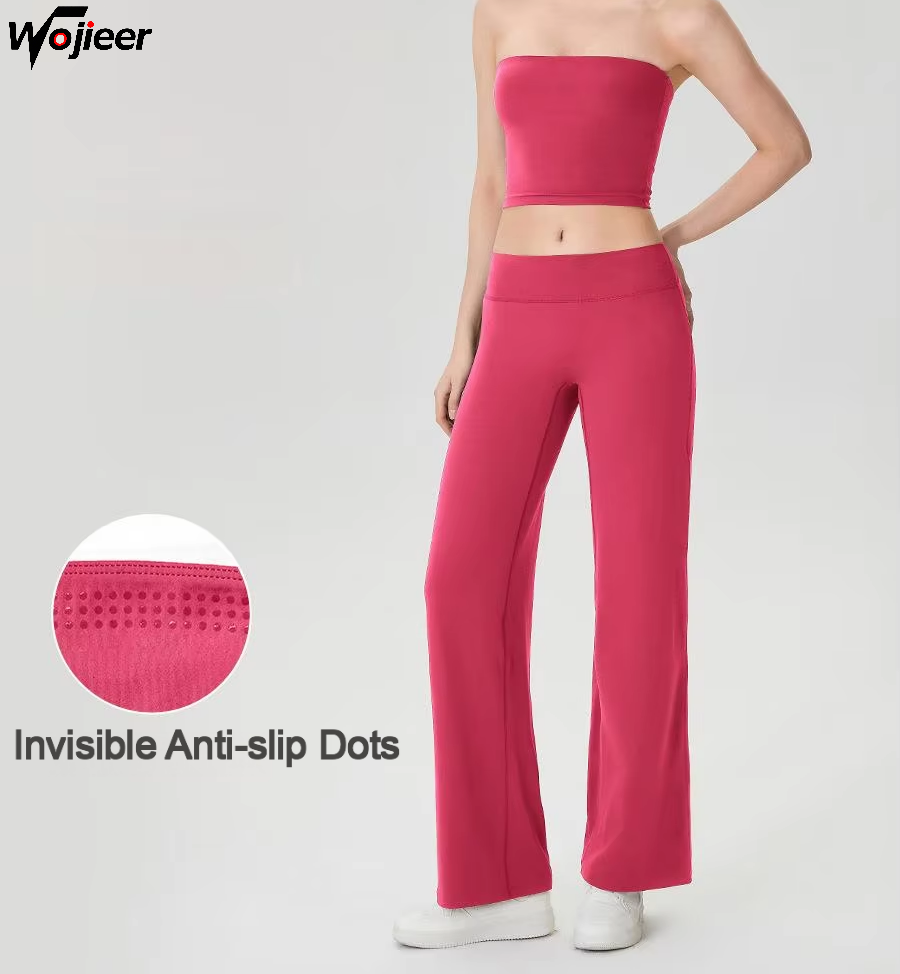 WOJIEER Women 2 Pcs Yoga Set Strapless Bandeau Tube Top High Waist Wide Leg Pants With Anti Slip Dots for Gym Fitness Running