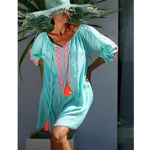 חדש קיץ חתיכה אחת שמלות המכירה הטובה ביותר גוון תוסס רקום צוואר ציצית ארוך שרוול טוניקת Resort קצר שמלה