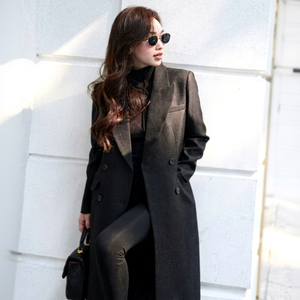 Abrigo largo tipo blazer para mujer, mezcla de lana, doble botonadura, cuello vuelto, manga larga, ropa de abrigo de invierno, bordado [B535] - Product Image 1