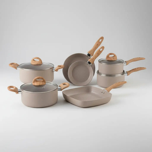 High Quality Modern Ceramic Marble Coated Pot Pan Glass Lids Wooden Soft Touch Handles Non-Stick 6 Piece Aluminum <b>Cookware</b> <b>Set</b> - Product Image 1