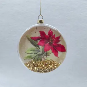 Poinsettia Decal Flat Round Glass Ball Hanging Ornament Within Glitter For Christmas Decoration