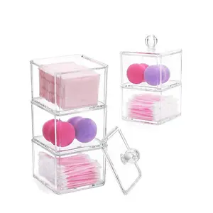 Organisateur carré empilable porte-boule de coton acrylique q-tip distributeur de tampons de salle de bain avec couvercle