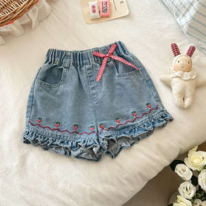 Girls Denim Shorts Strawberry Embroidery Ruffle Hem Summer Baby Bottoms A-<b>Line</b> Style - Product Image 5