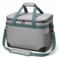 Sac isotherme pliable portable en tissu gris, sac de pique-nique avec poches latérales en filet et bandoulière pour le camping et les sorties à la plage