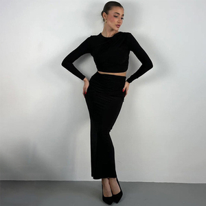 Autumn Winter Women's <strong>Elegant</strong> Long Suit White Two Color Solid Long Sleeve Top With Skirt Set Evening Party Wear - Product Image 2