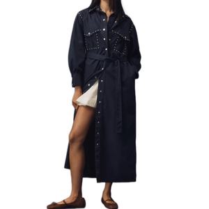 Gabardina de otoño con cinturón, bolsillos grandes, cintura ajustable, manga larga, con tachuelas, abotonadura sencilla, chaqueta cortavientos. - Product Image 1