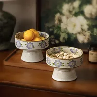 Handgemaakte hoge keramische vintage rustieke Chinese stijl serveerschaal met effen patroon voor fruit, 2026 nieuw, thee- en snackbord, gedroogd fruit