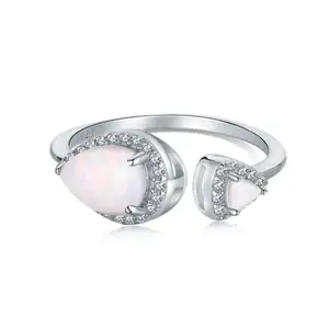 925 Sterling Silver White Fire Opal Cubic Zirconia Ring Pear Shape Teardrop Opal Adjustable Ring
