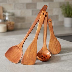 Juego de utensilios de cocina de madera de 4 piezas: cuchara, espátula, colador. Solo lavar a mano, apto para alimentos, mango largo. - Product Image 1