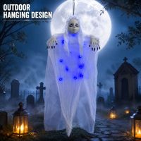 SIPKLR Fantôme suspendu lumineux pour Halloween de 85 cm avec LED bleues, accessoire fantôme blanc effrayant pour la décoration de maison hantée, de jardin et de cour