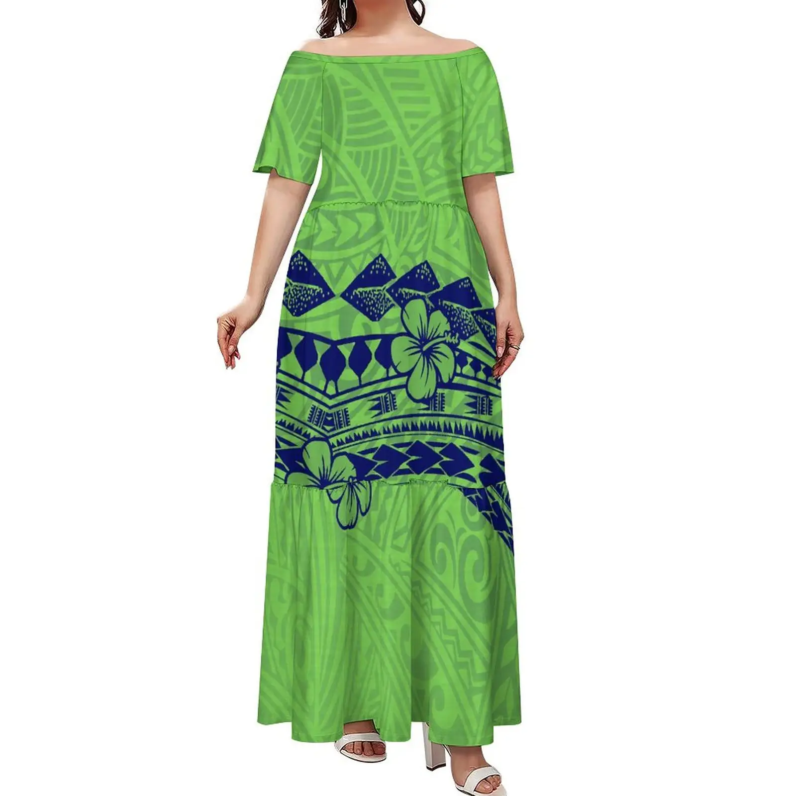 2024 yaz polinezya Puletasi elbise gelenek Samoan baskı özel desen kısa kollu pileli omuz Maxi elbise
