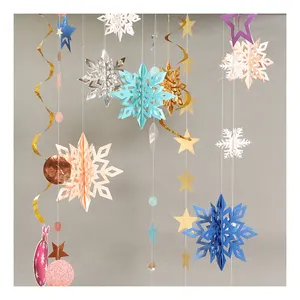 Guirnalda 3D de copos de nieve de Navidad, decoración de fiesta de papel colgante
