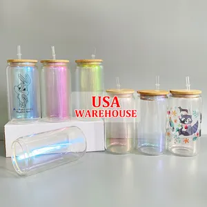 US warehouse Free Shipping blank sublimation 16oz iridescent can glass with clear plastic straw tumbler cup for customized gifts