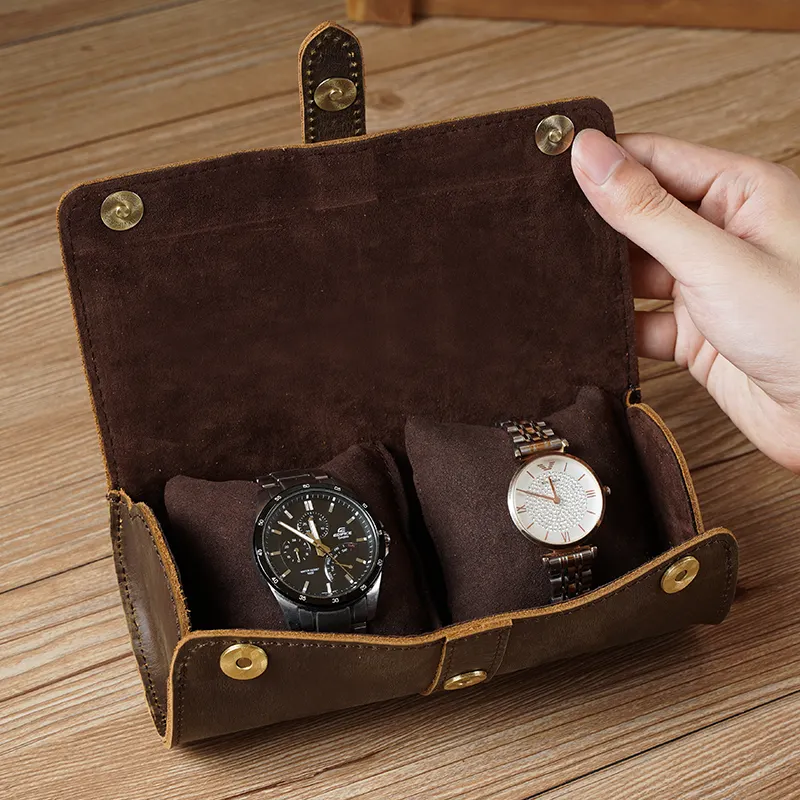 Design di lusso espositore per orologi in vera pelle di alta qualità cuscini scorrevoli separati Design personalizzato cassa per orologi in vera pelle