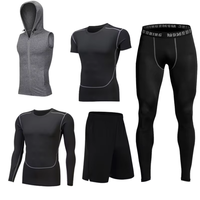 Ensemble de sport cinq pièces pour homme, séchage rapide, manches longues, couleur unie, coupe ajustée, en soie de lait, élasthanne et polyester, pour le fitness