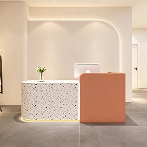 CR161 Chic Modern Lobby Service Desk Wood-Base Density Board Cashier Counter with Marble-Inspired Lighting for Fashion Spa Hotel - Product Image 1