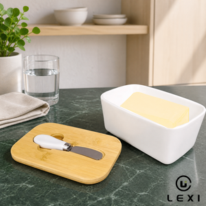 Beurrier rectangulaire en céramique blanche avec couvercle en bambou et couteau, boîte à beurre hermétique pour comptoir de cuisine, maison, restaurant - Product Image 1