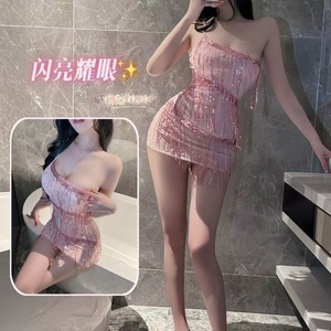 Sexy lingerie set with sequined tassels, nightclub bodycon see-through skirt, hot girl's pure and seductive uniform nightgown - Product Image 1