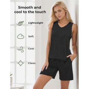 Women's Bamboo Viscose Pajama Set Sleeveless Tank Top Sleep Shorts Summer Lightweight Lounge Sleepwear <b>Pjs</b> - Product Image 3