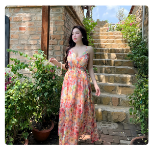 Women Floral Chiffon Maxi Dress V Neck <b>Spaghetti</b> <b>Strap</b> Flowy A Line Summer Sundress Casual Holiday Celebration - Product Image 1