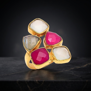 Bague en acier inoxydable plaqué or avec verre et combinaison de couleurs, design ethnique tendance pour femmes et filles - Product Image 3