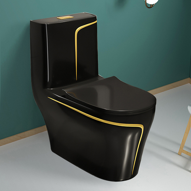 Sanitary Ware S-trap Commode Glossy Glaze Black Toilet Bowl Ceramic Luxury Black and Gold Wc