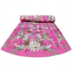 Pink Bohemian Animal and birds Printed Kantha Quilt Cotton Home Decor All Season Handmade - Product Image 1