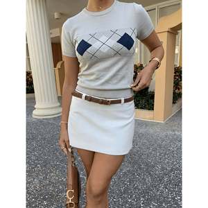 <b>Argyle</b> Contrast Short Sleeve <b>Sweater</b> Women's Burgundy Knit Top - Product Image 6