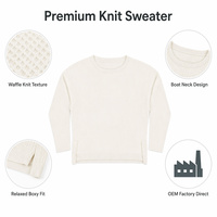 Pull en maille gaufrée à col bateau et manches longues pour femme, couleur crème, coupe ample, décontracté, hiver-printemps, vente en gros OEM