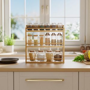 Bamboo Spice <b>Rack</b> 3 Tier With Glass Jars For <b>Kitchen</b> Storage Minimalist Design - Product Image 4