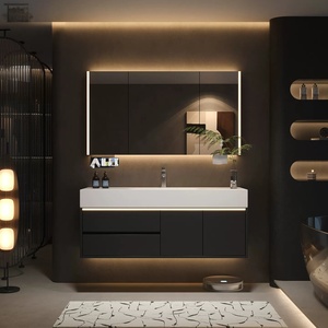 Modern <b>Wall</b>-Mounted Bathroom Cabinet with Integrated Hot-Bent Stone Slab Sink Smart Lighting and <b>Mirror</b> - Product Image 1