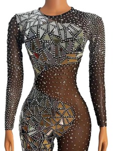 Combinaison scintillante noire en maille avec strass argentés pour femme – Idéale pour la danse, les soirées, les anniversaires, les spectacles et les séances <span class=keywords><strong>photo</strong></span> - Product Image 4