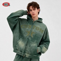 Hoodie Grosir Pria Berkualitas Tinggi Vintage Sun Faded Premium Hoody Desainer Logo Bordir Custom Berhias Rhinestone Model Boxy