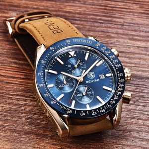 BENYAR Men's Chronograph Quartz <b>Watch</b> Green Dial Leather Strap 14mm Stainless Steel <b>Case</b> 30M Waterproof - Product Image 4