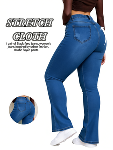 Jeans Negros Acampanados de Tela Elástica para Mujer, Pantalones de Mezclilla Elásticos de Cintura Alta, Moda Urbana, Corte Ajustado de Longitud Completa - Product Image 1