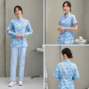 Traje dividido floral para enfermeras, ropa de trabajo de manga corta para Hogar de Ancianos, tela tejida de primavera y verano - Product Image 2