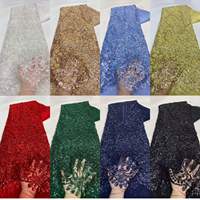 Schwarzer, schwerer, paillettenbesetzter, perlenverzierter, kordelverzierter Spitzen-Mesh-Netzstoff mit Perlen und Blumenmuster, gewellter Brautkleidstoff, Meterware, auf Lager