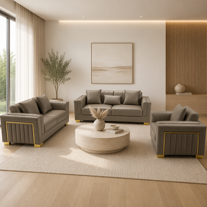 Juego de Sofás Modernos Contemporáneos de 3 Piezas en Cuero Sintético Color Taupe con Detalles Metálicos Dorados y Respaldo Acolchado para Sala de Estar - Product Image 5