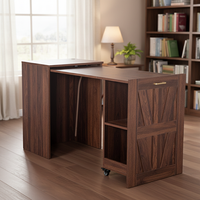 Bureau d'ordinateur rétractable personnalisé en bois grainé brun vintage avec rangement et roulettes, mobilier pour la maison et le bureau