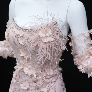 Elegante Abito <span class=keywords><strong>da</strong></span> Sera Blu con Fiori 3D e Piume Stile Sirena con Maniche Rosa per Matrimoni e Feste Lsz342-1 - Product Image 5