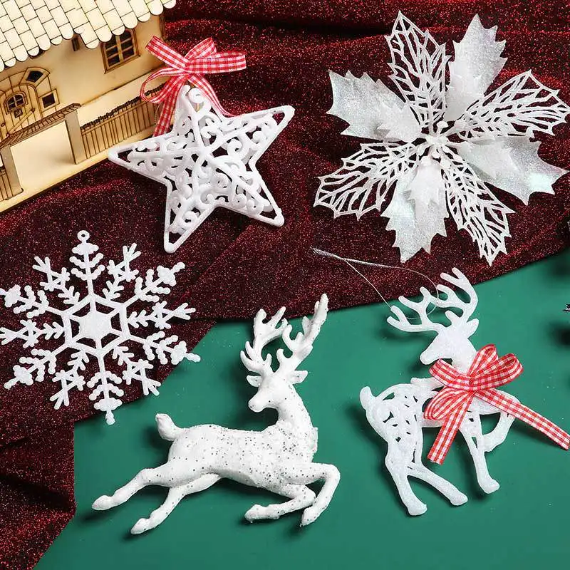 Christmas tree glitter white plastic snowflake star deer hanging scene decoration
