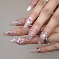 Kuku Akrilik Panjang Bentuk Cat-eye Taper Press-on dengan Sentuhan Spring Shimmer, Warna Nude-pink, Glitter, Bunga 3D Embossed, Mutiara, dan Rhinestone