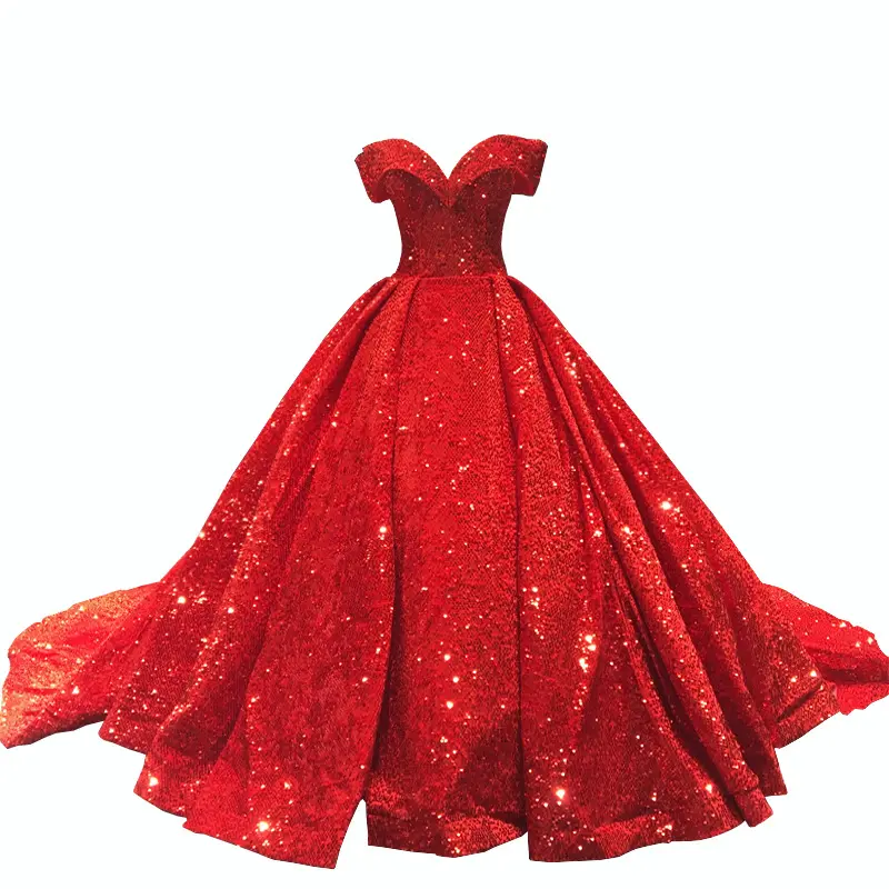 Women Sequin Beaded Wedding Maxi Dresses Red Wedding Ball Gown Dress